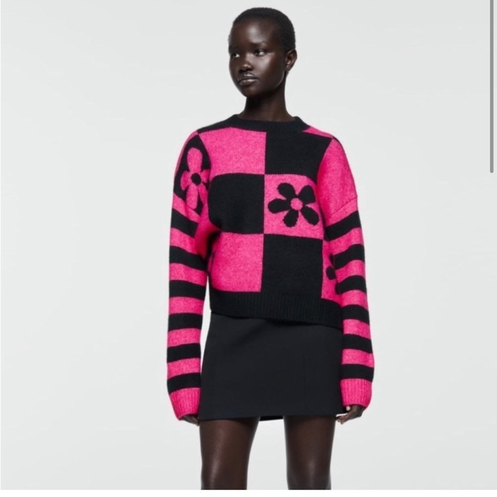 Zara warm Cozy Floral Printed Checkered OverSize Crewneck Sweater - Picture 6 of 12